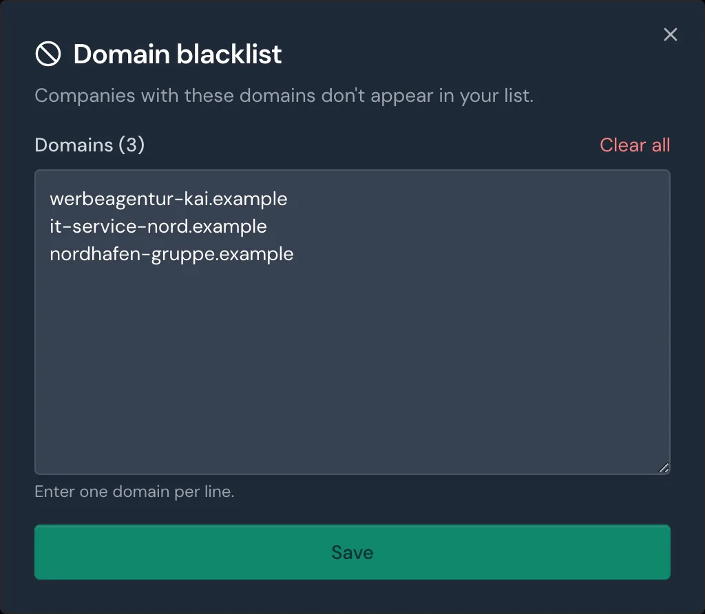 The Domain blacklist window with three saved domains