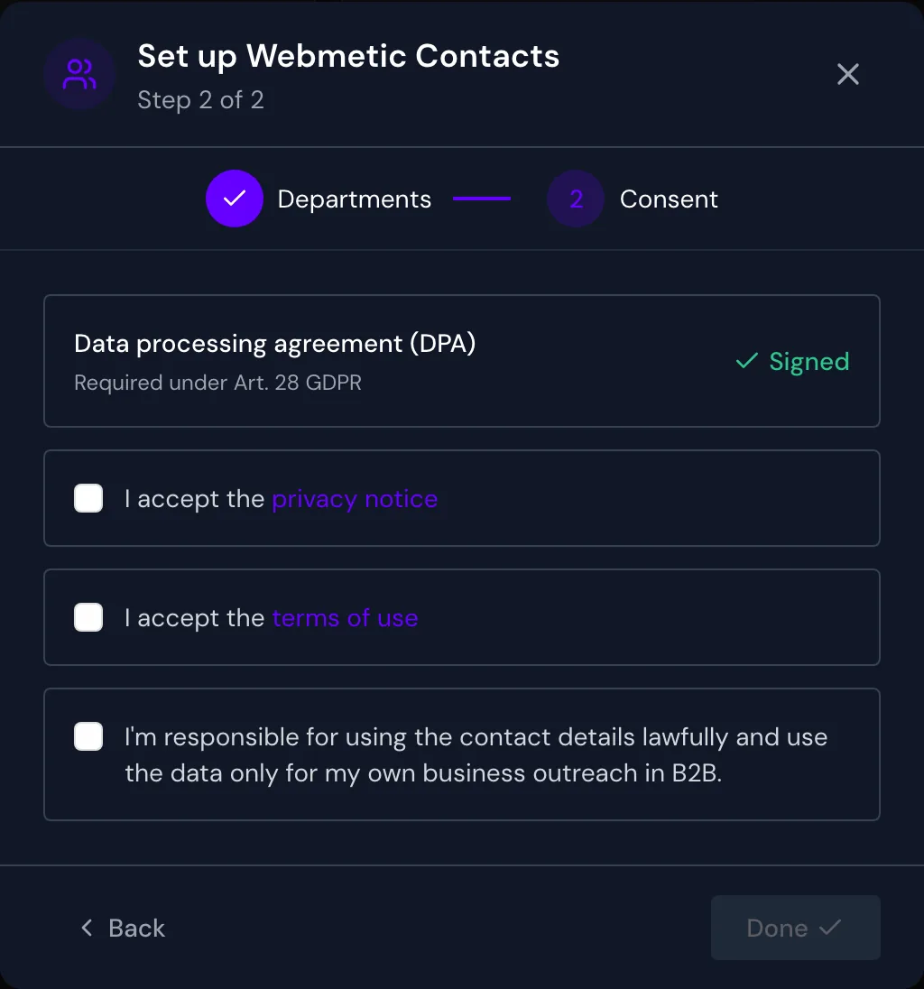 The Consent step with the DPA and the three checkboxes