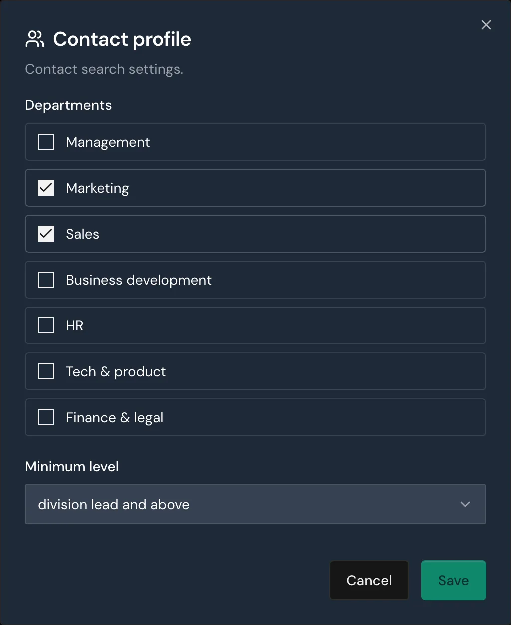 The contact profile with two departments and the minimum level