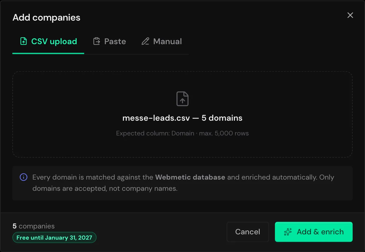 The Add companies dialog with the file messe-leads.csv and five domains