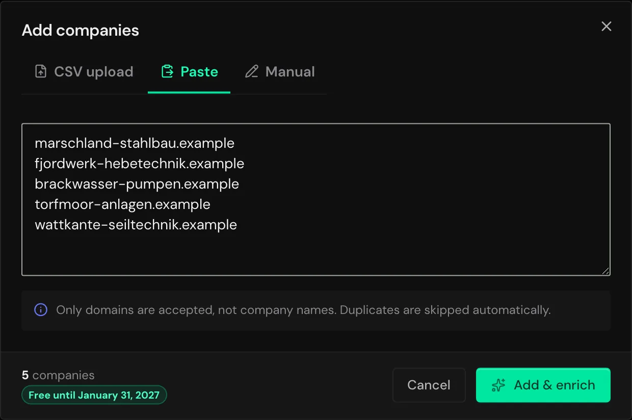 The Paste tab with five domains, one per line