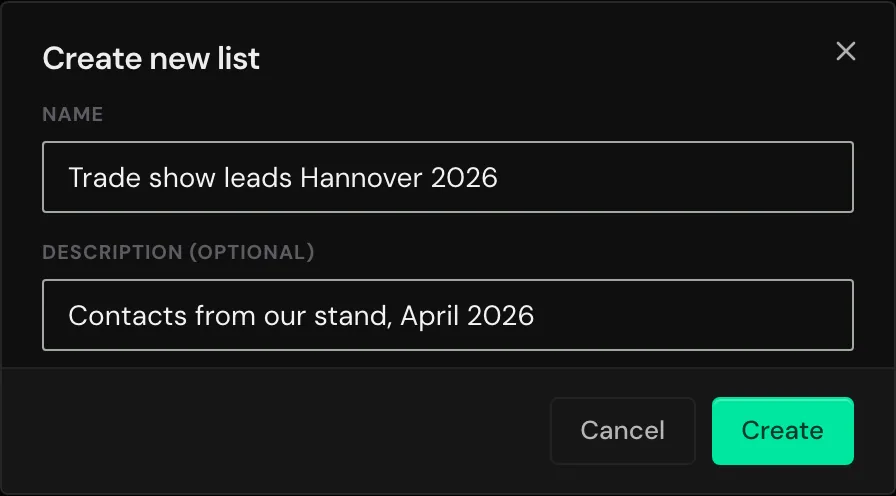The Create new list dialog with a name and a description