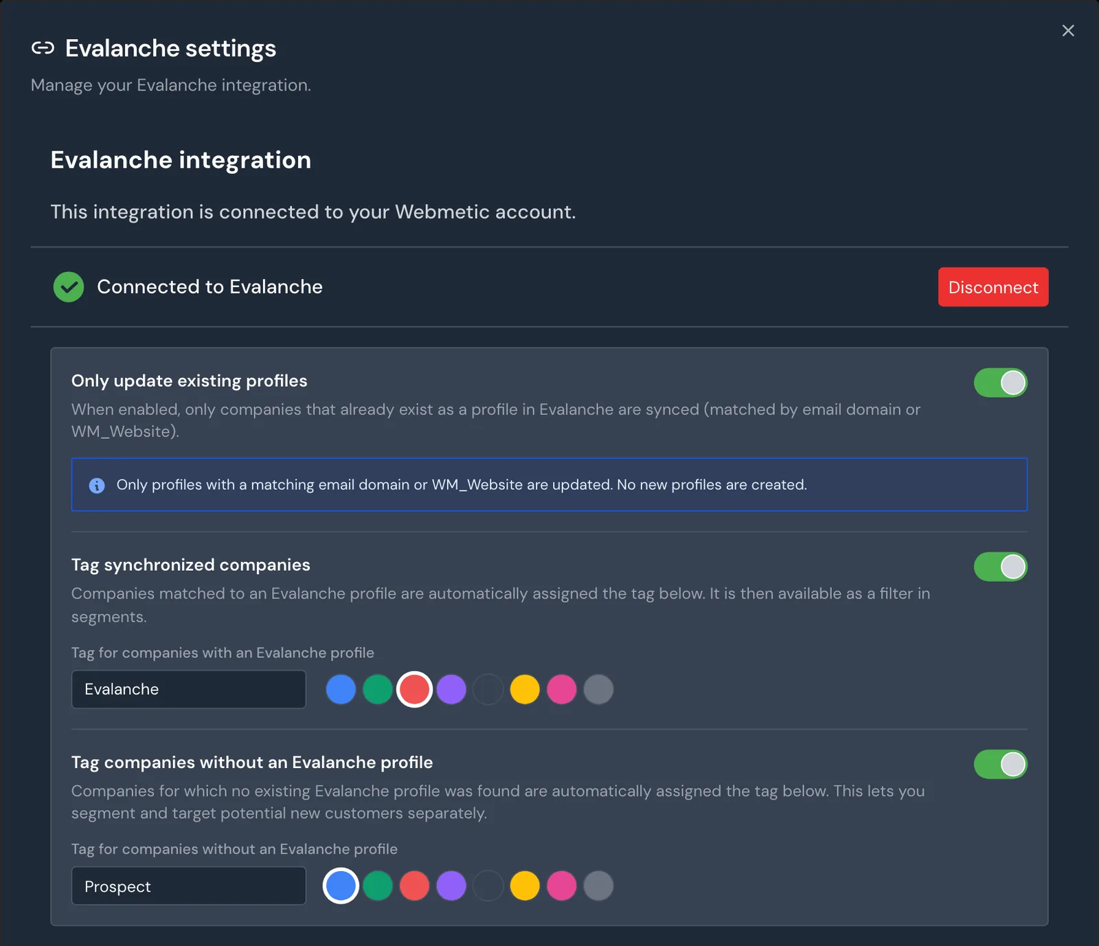 The Evalanche settings window with Only update existing profiles turned on and the tags Evalanche and Prospect