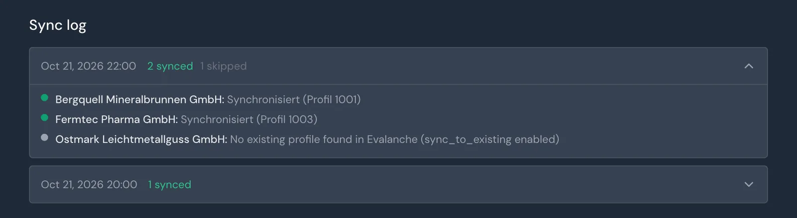 The sync log with one entry expanded and the result for each company