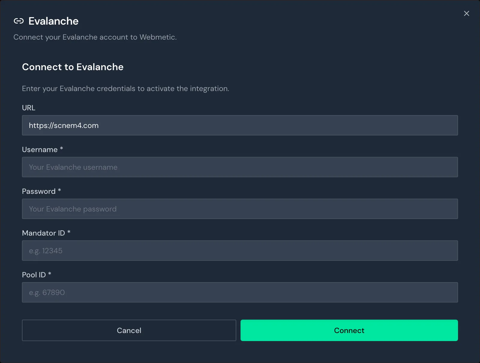 The Connect to Evalanche form with the fields URL, Username, Password, Mandator ID, and Pool ID