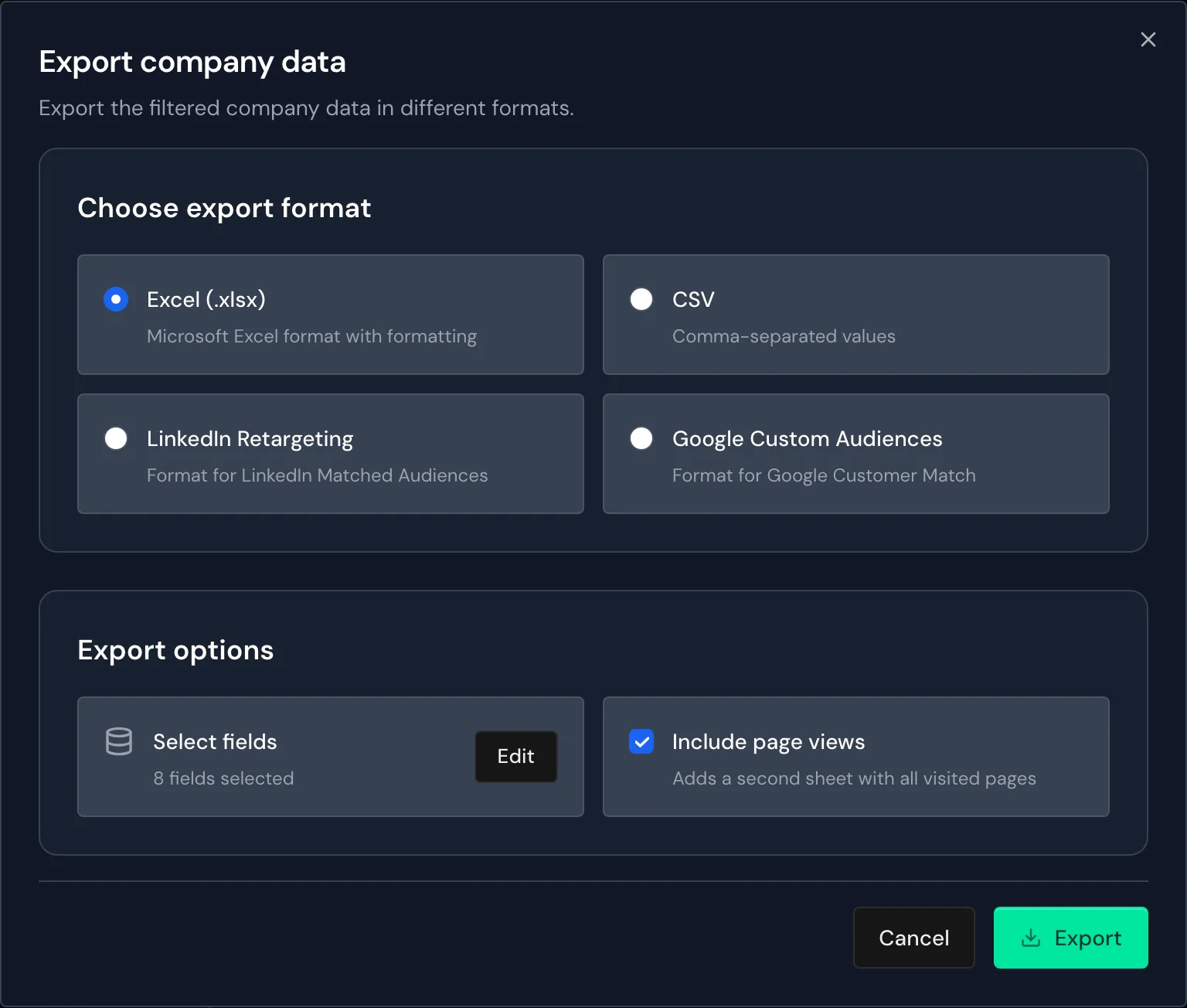 The Export company data window with Excel, eight fields, and page views