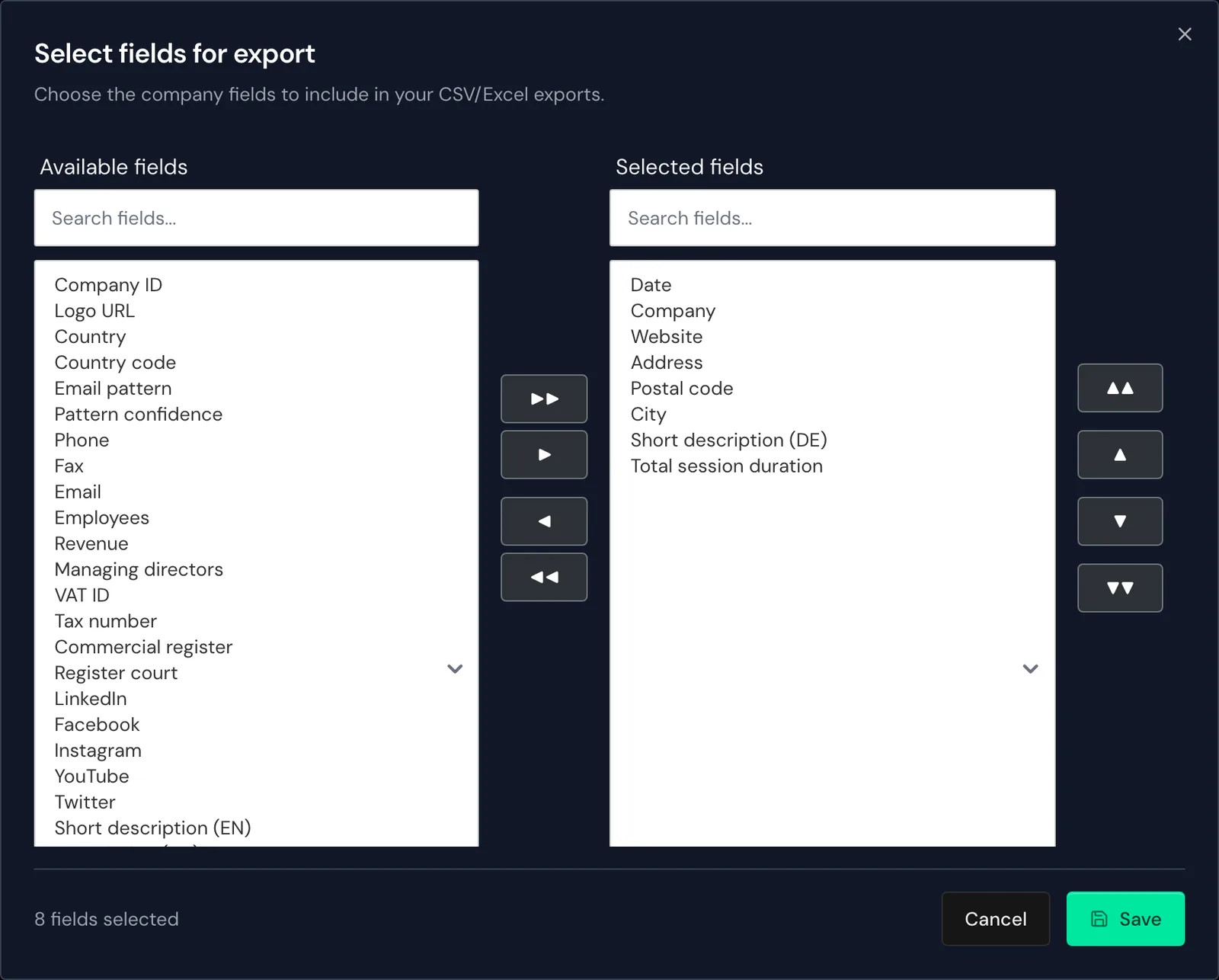 The Select fields for export window with available and selected fields