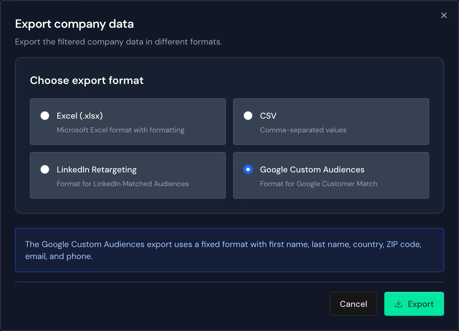 The Export company data window with the Google Custom Audiences format