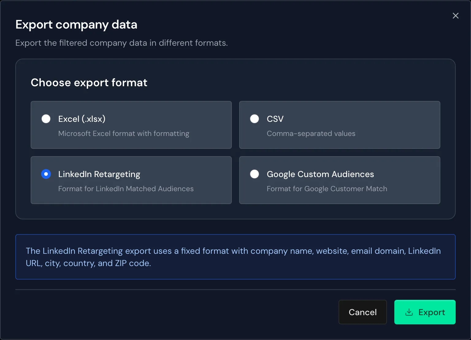 The Export company data window with the LinkedIn Retargeting format