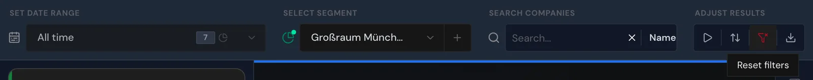 The filter bar with an active segment, a grayed-out date range, and the Reset filters icon