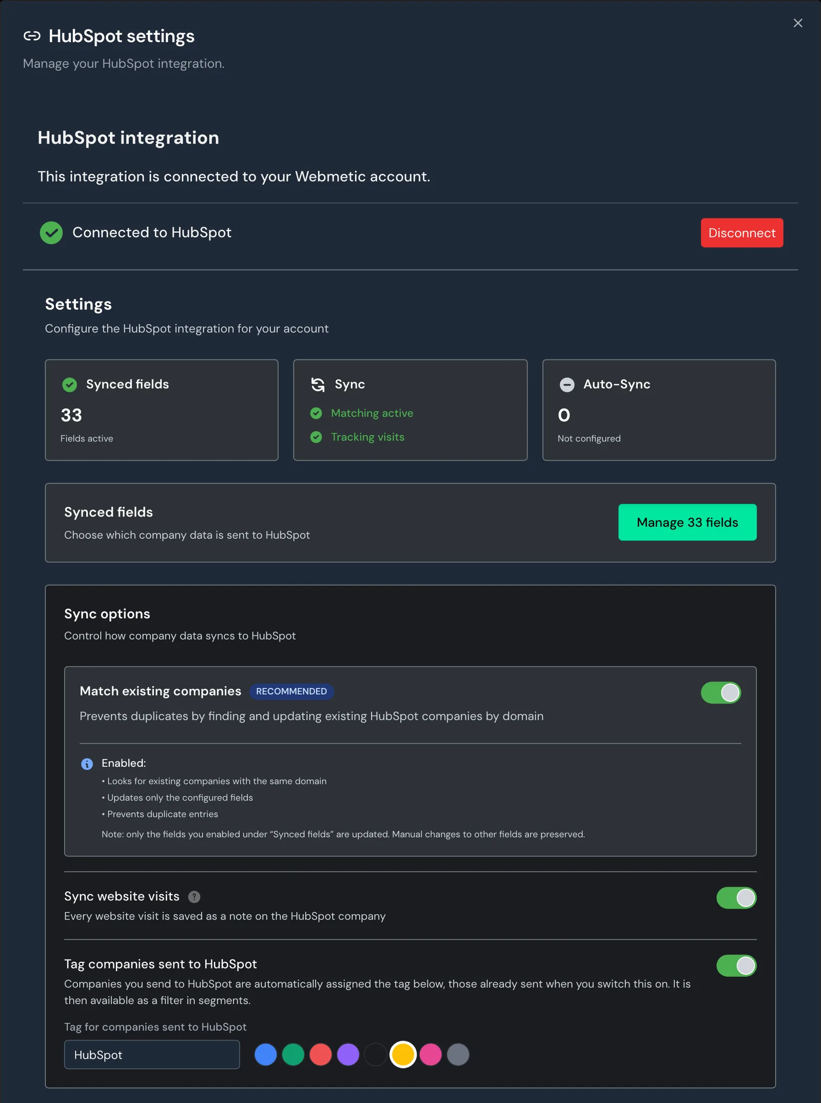 The HubSpot settings window with the Synced fields and Sync options areas, including the row with the HubSpot tag