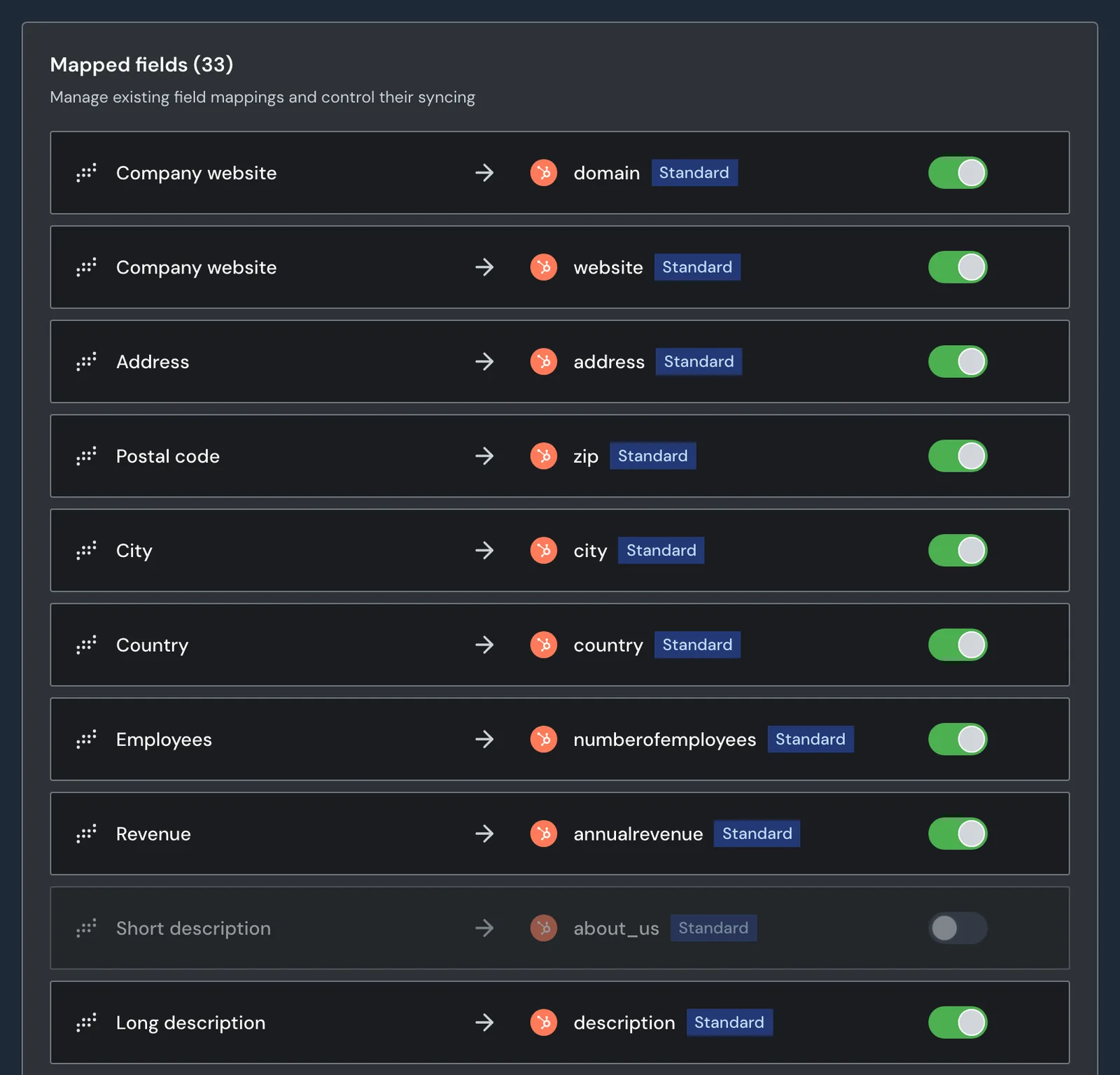 The Mapped fields list with one switched-off row