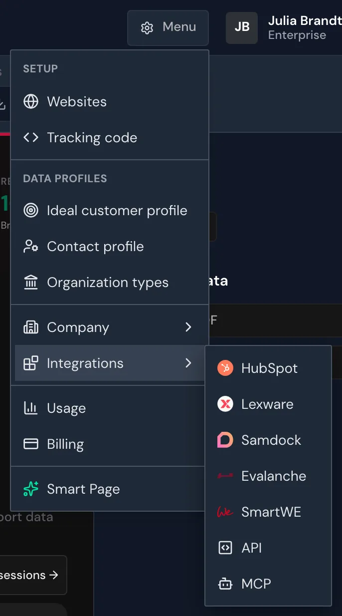 The open menu with the Integrations submenu