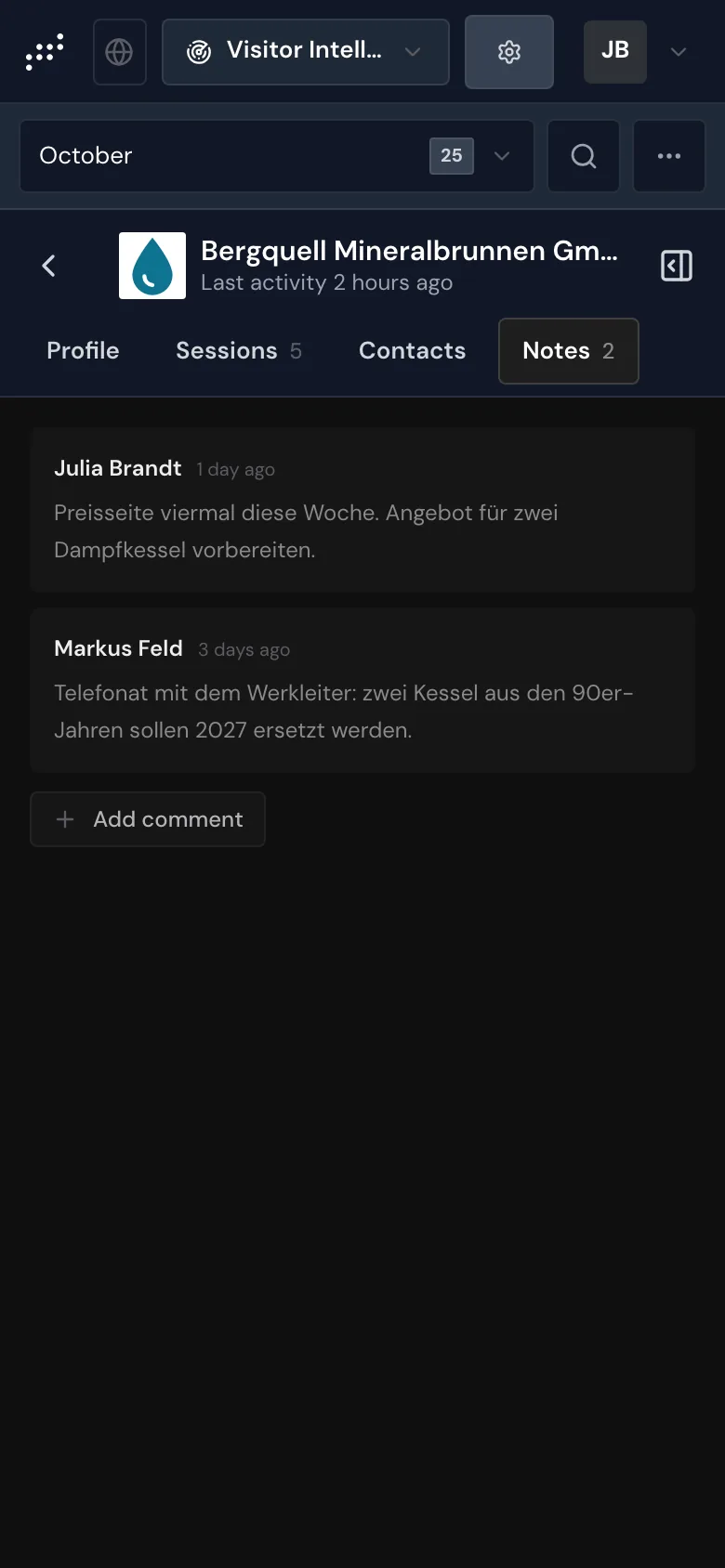 The company profile on a smartphone with the Notes tab open