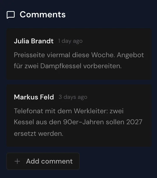 The Comments section with two comments and the Add comment button