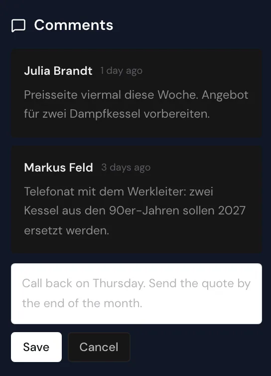 The text box for a new comment with the Save and Cancel buttons