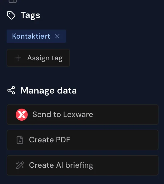 The profile sidebar with the Send to Lexware button