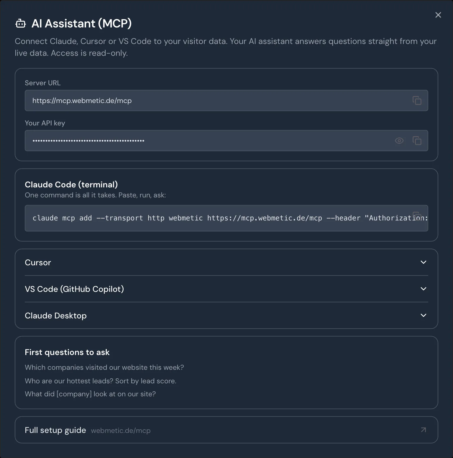 The AI Assistant (MCP) window with the server URL and the hidden API key