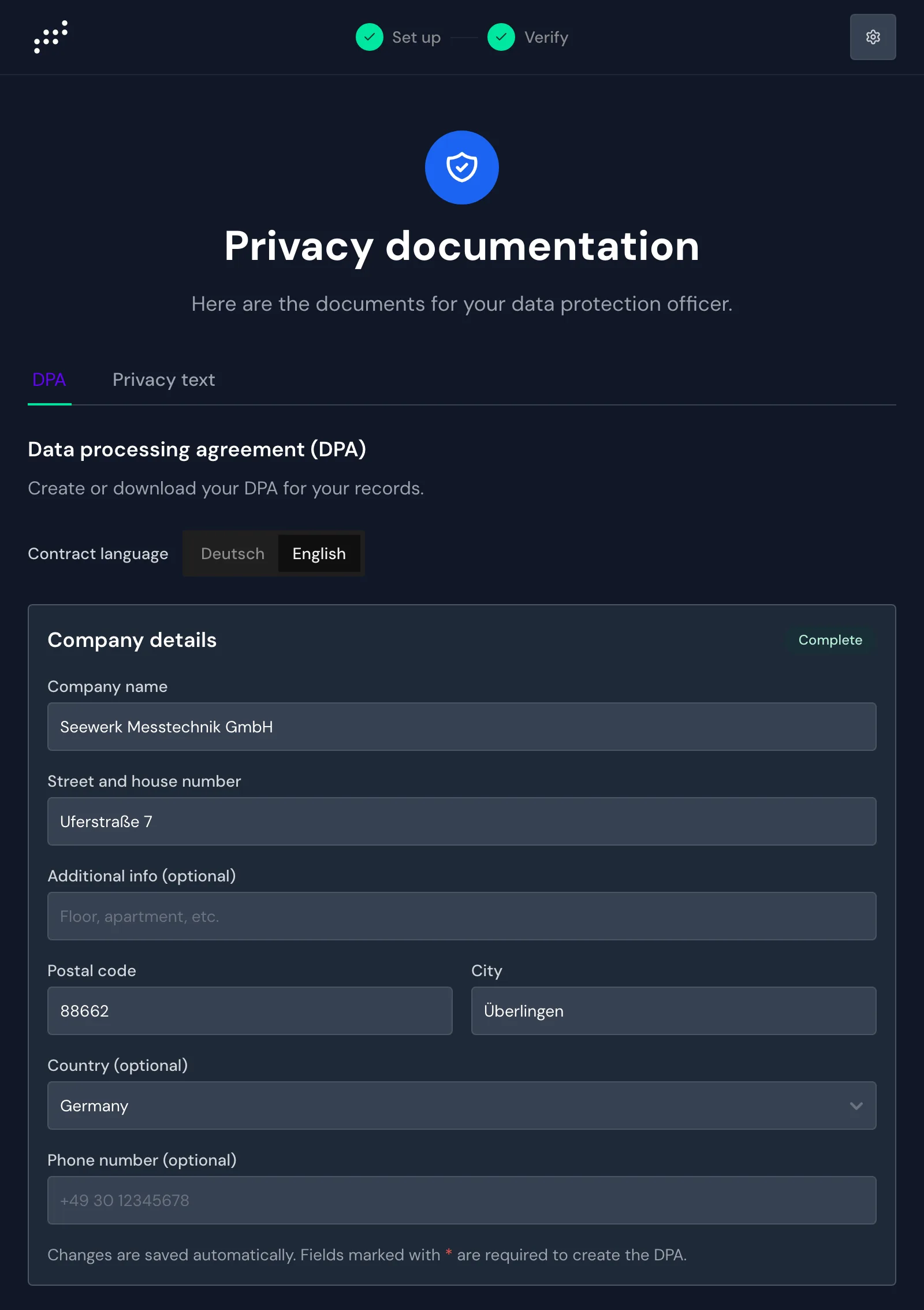 Privacy documentation with the DPA tab and the company details