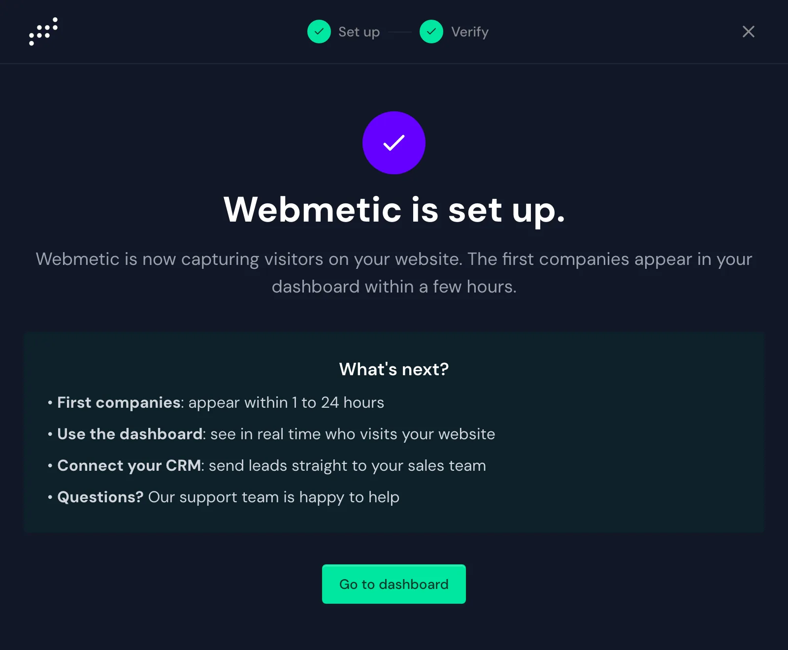 The assistant with the message that Webmetic is set up and the Go to dashboard button