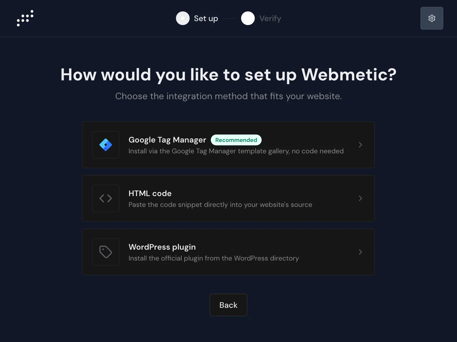 The method picker with Google Tag Manager as the recommendation