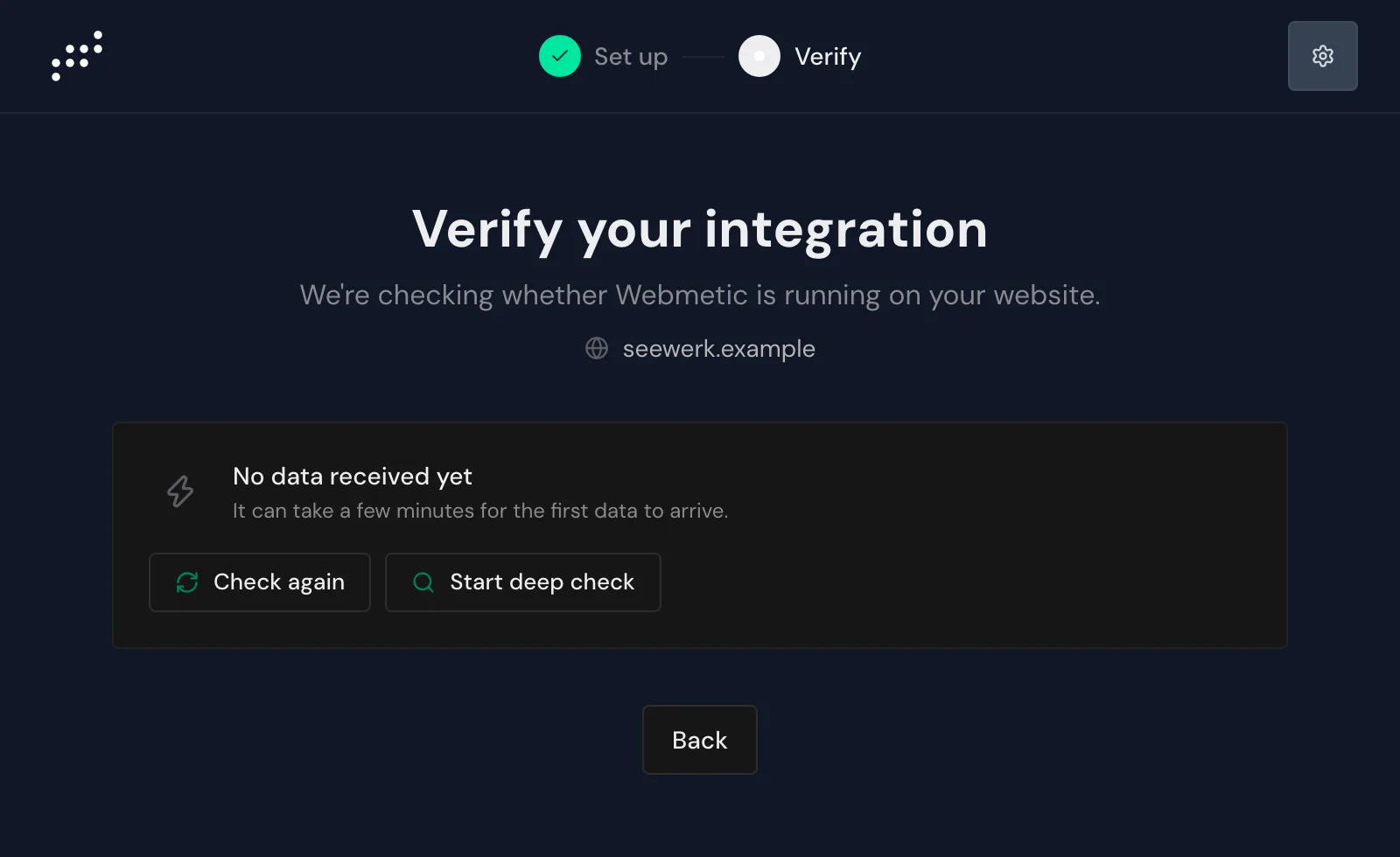 The Verify your integration step with the Check again and Start deep check buttons