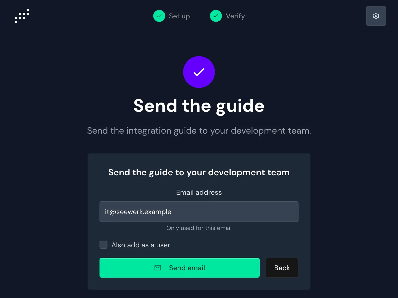 The Send the guide form with the Email address field and the Also add as a user option