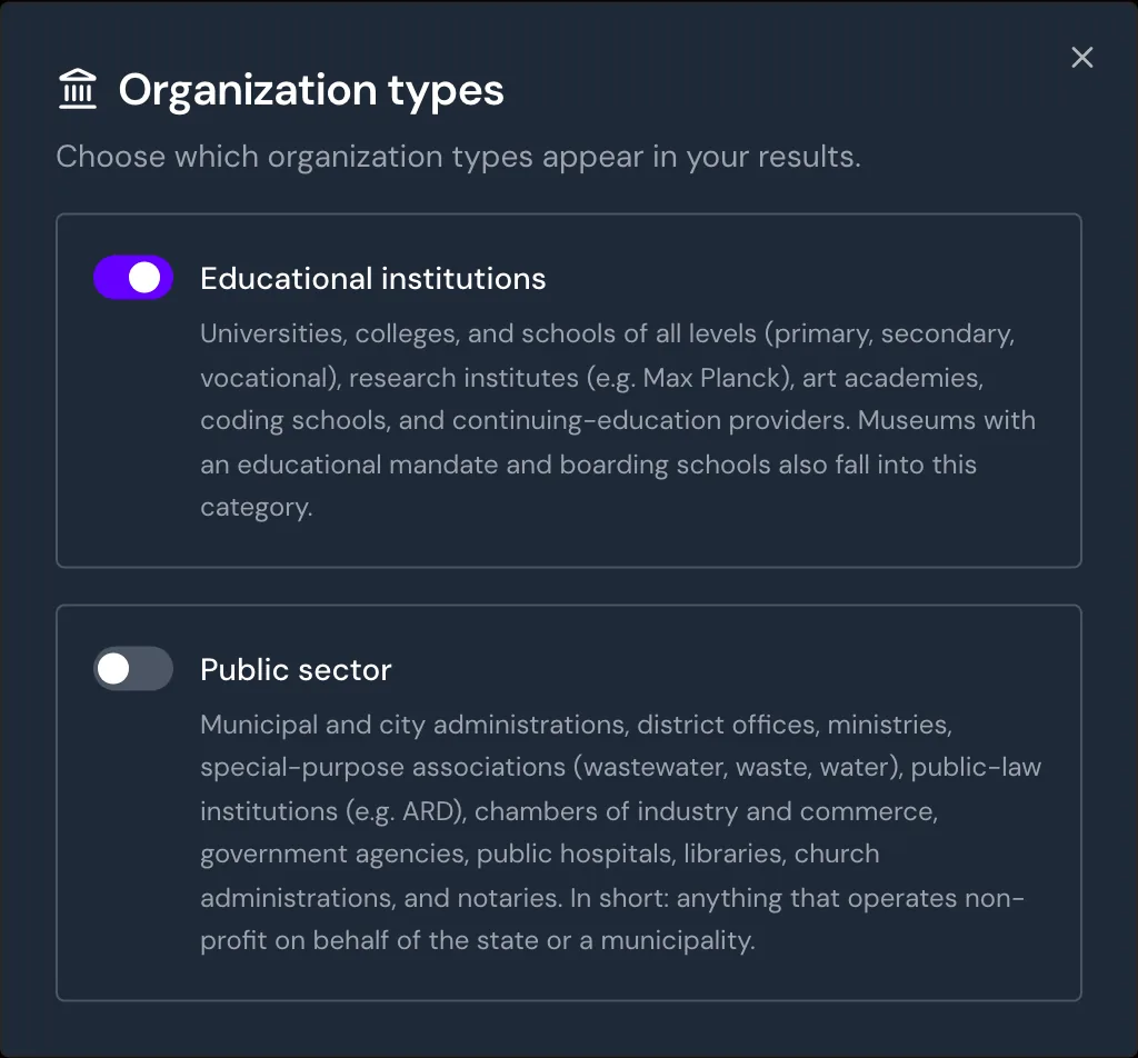 The Organization types window with educational institutions switched on and the public sector switched off