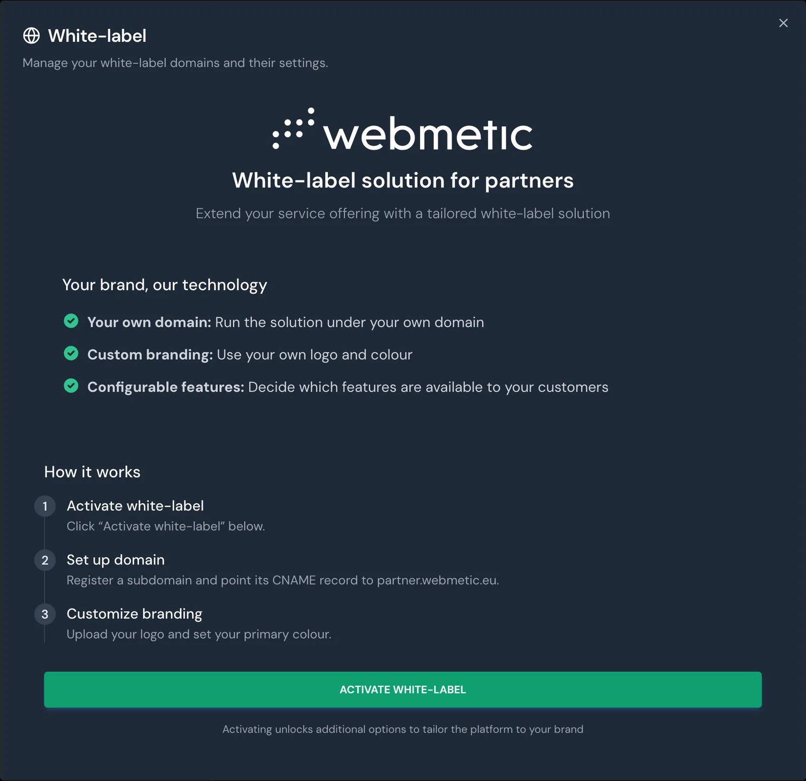 The White-label window before activation