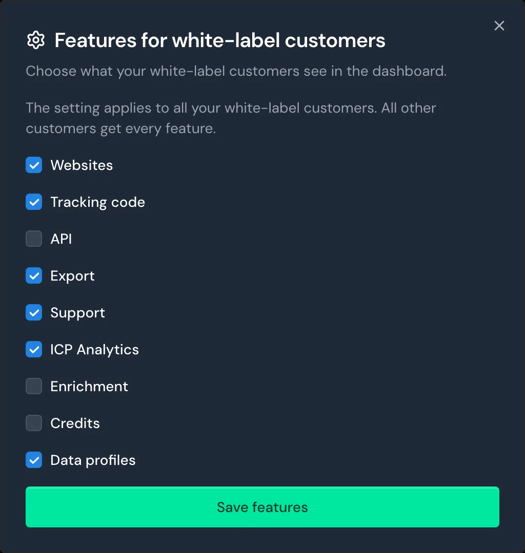 The Features for white-label customers window with nine checkboxes