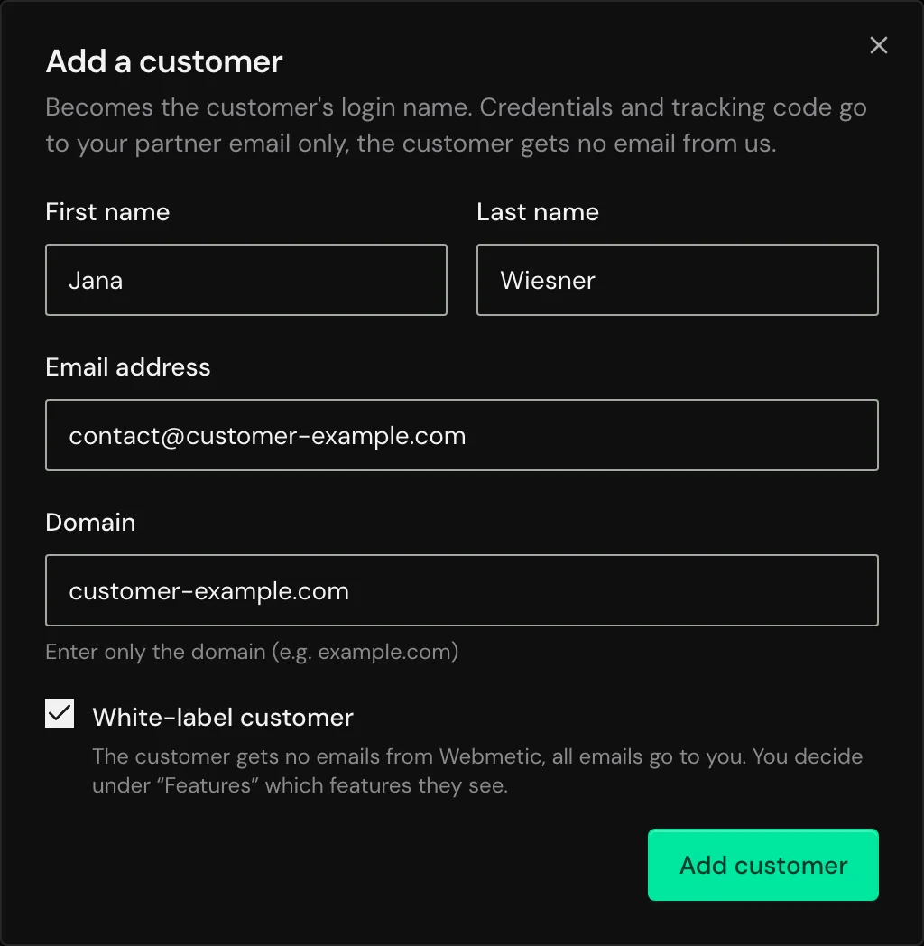 The Add a customer dialog with email address, domain, and the White-label customer checkbox