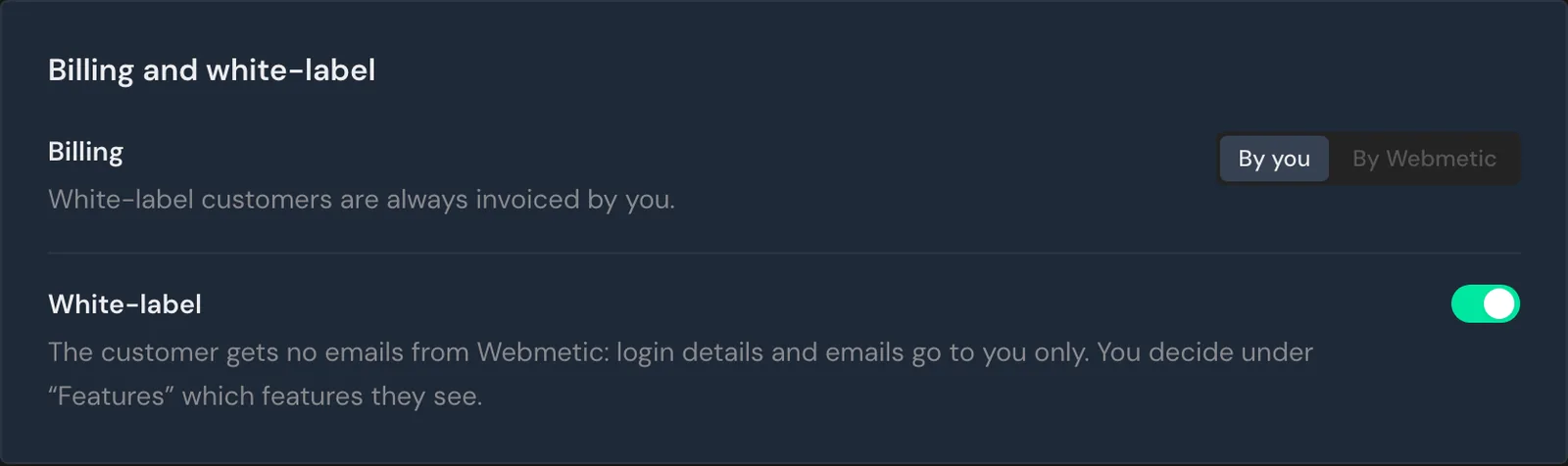 The Billing and white-label section on the customer page of a white-label customer