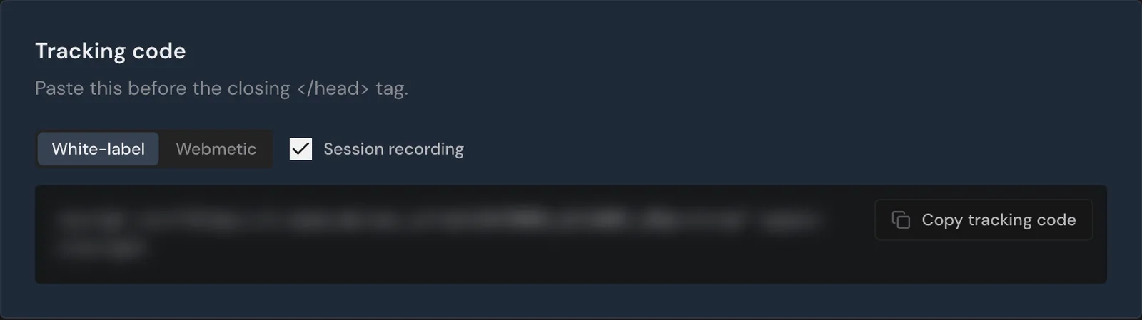 The Tracking code section on the customer page with the White-label form