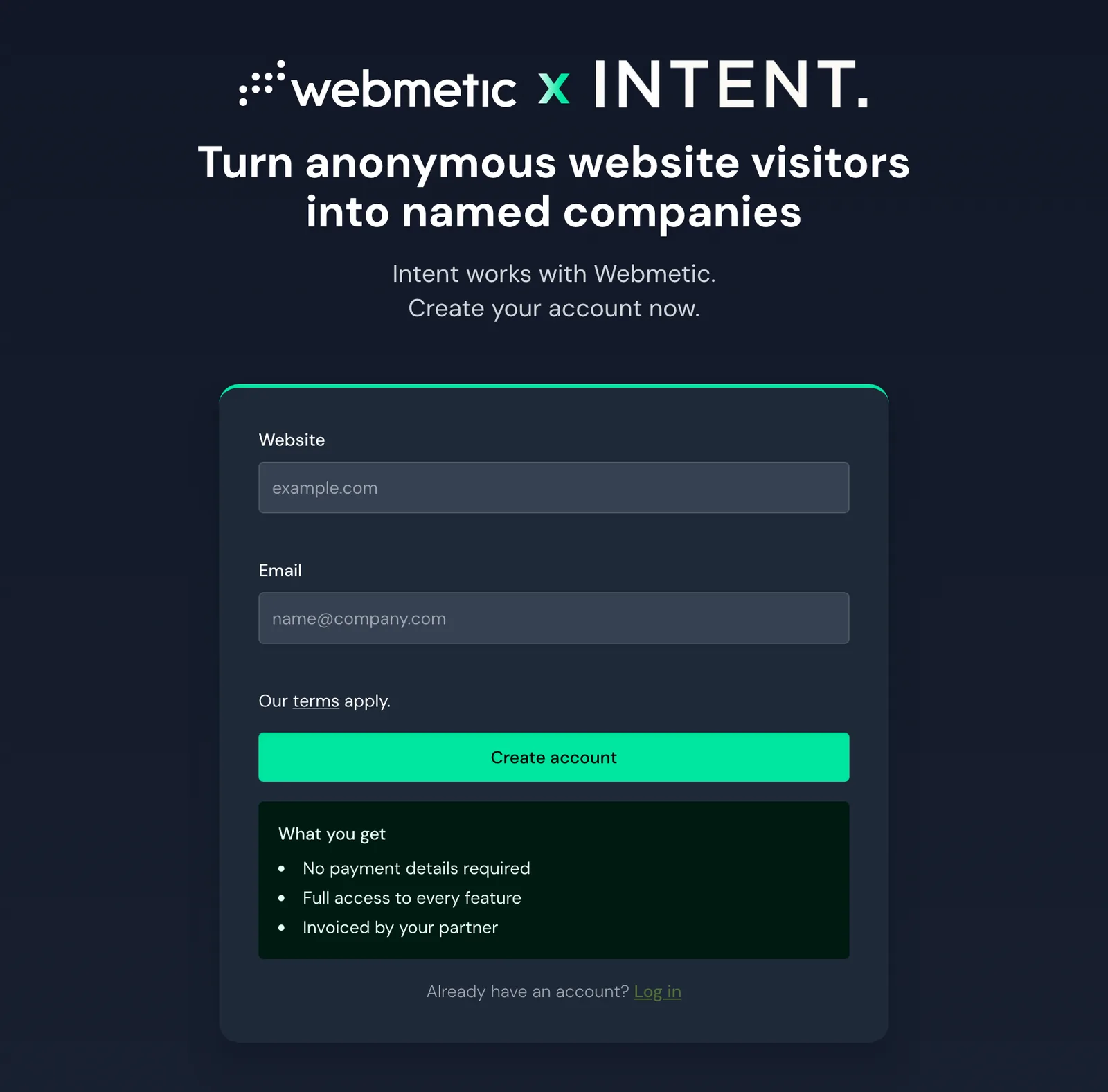 The partner page of Intent with logo, headline and sign-up form