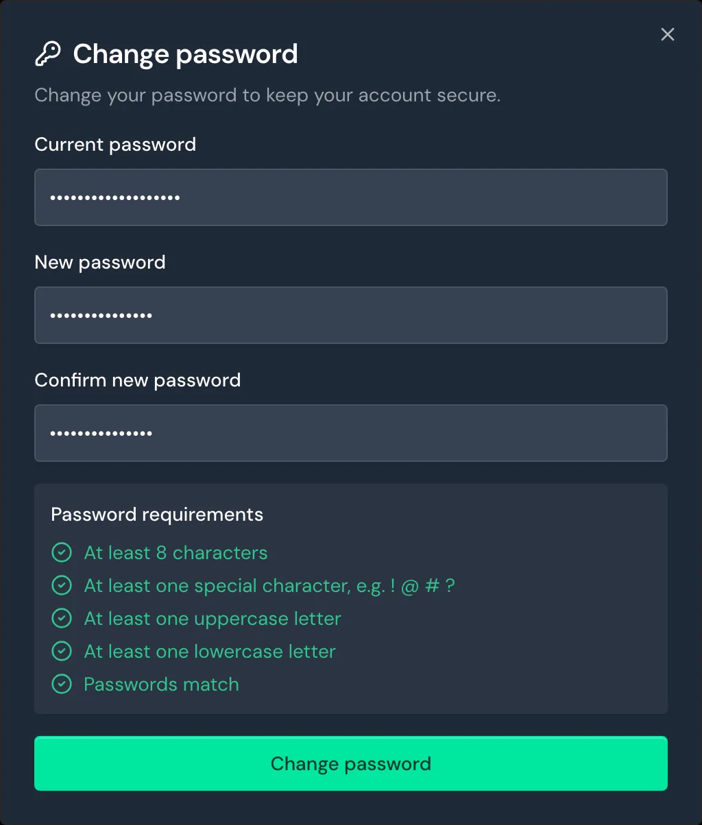 The Change password window with all requirements met