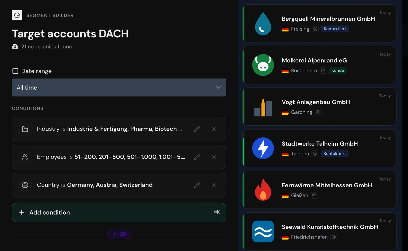 The segment builder with Industry, Employees, and Country for target customers in the DACH region