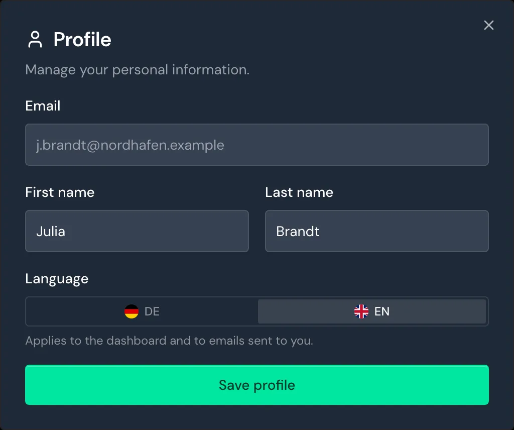 The Profile window with name and language