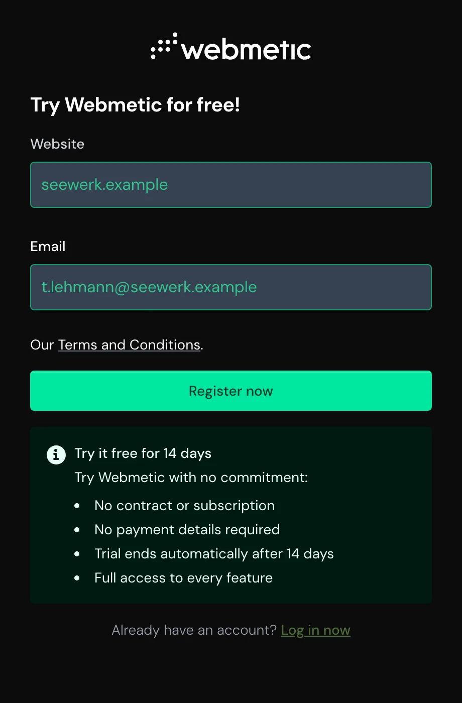 The sign-up form with the Website and Email fields