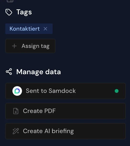 The Manage data section with the Sent to Samdock button and a green dot