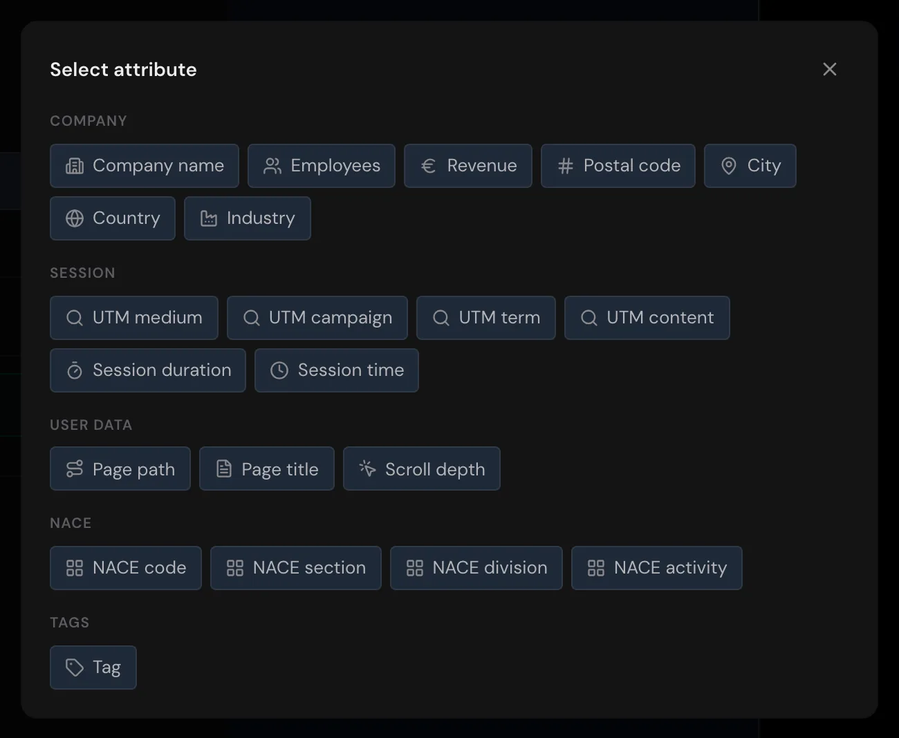 The Select attribute picker with the fields in five sections