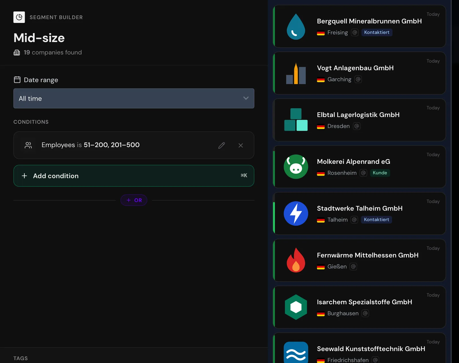 The segment builder with one condition and the number of companies found
