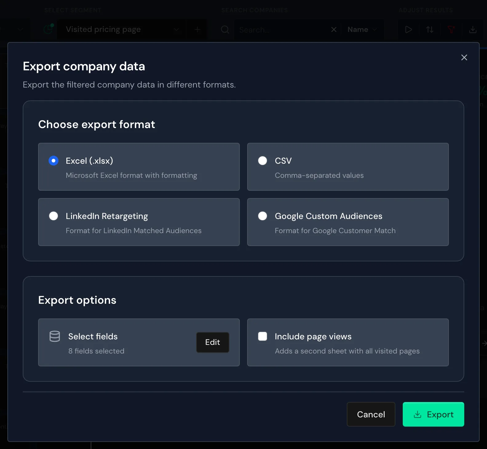 The Export company data window over the list with an active segment