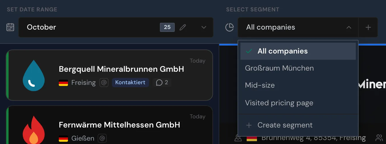 The open segment picker with three segments and Create segment