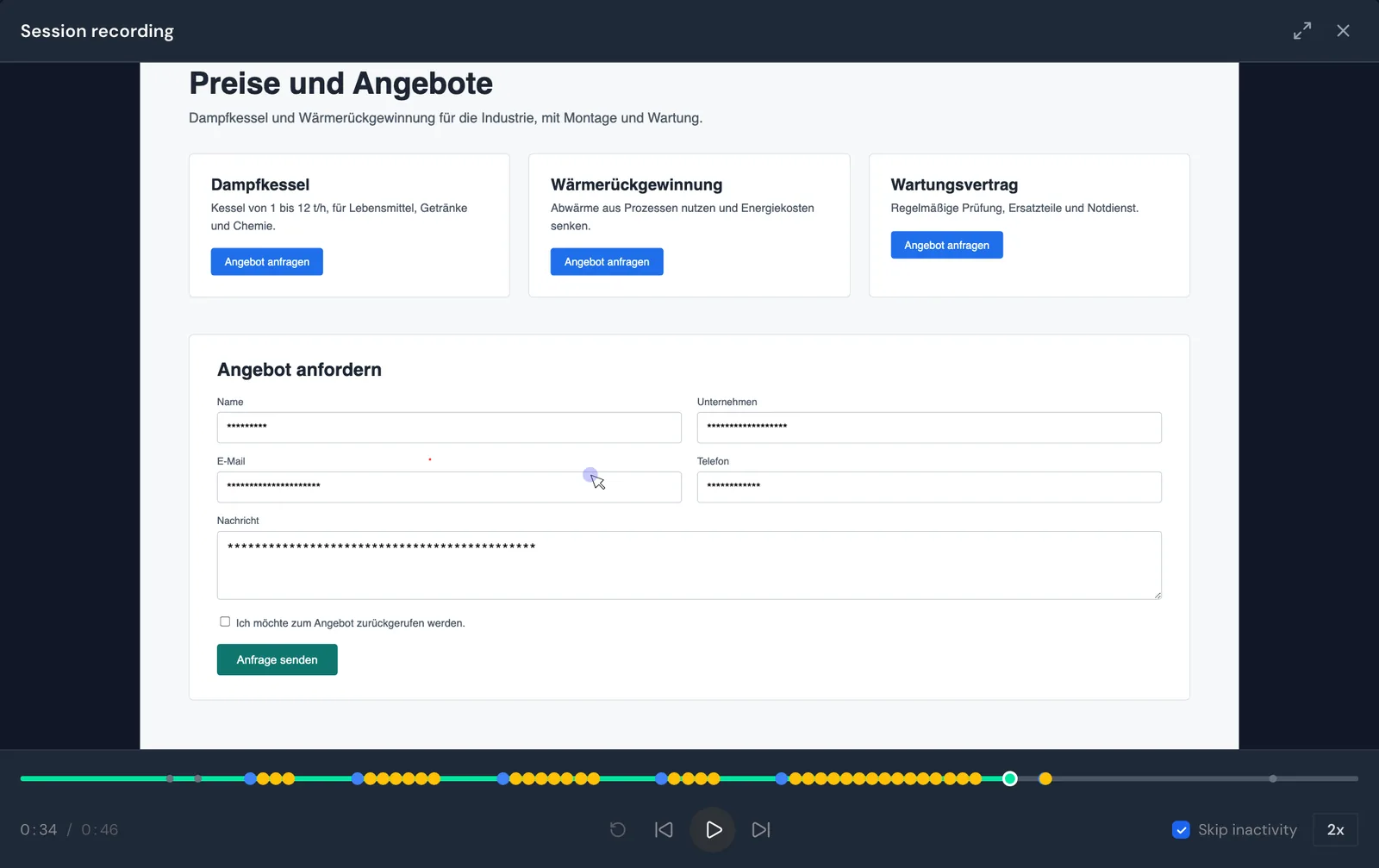 The Session recording player with the timeline, markers, and a hidden form field