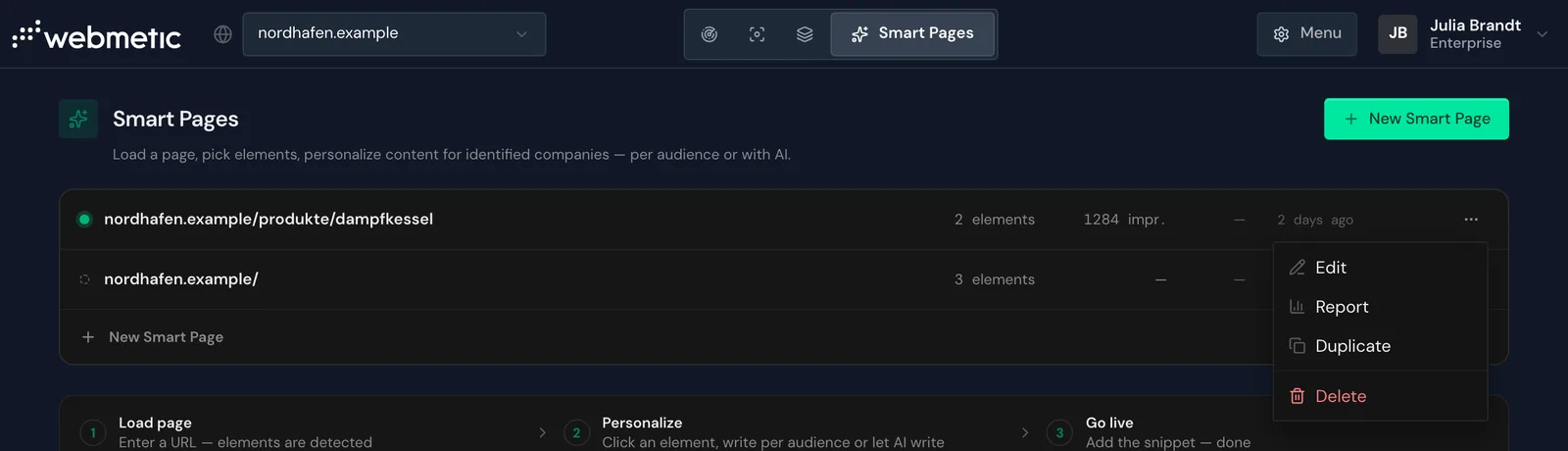 The Smart Pages list with the row menu open and the Report item