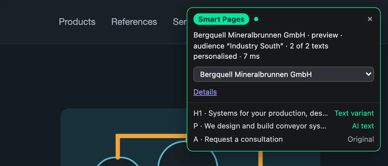 The test box on the test link with company, audience, and expanded details