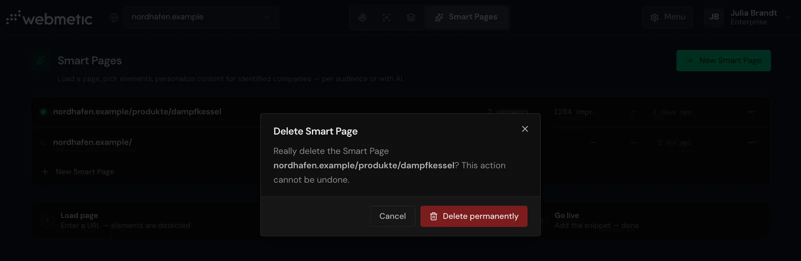The Delete Smart Page dialog above the list of Smart Pages