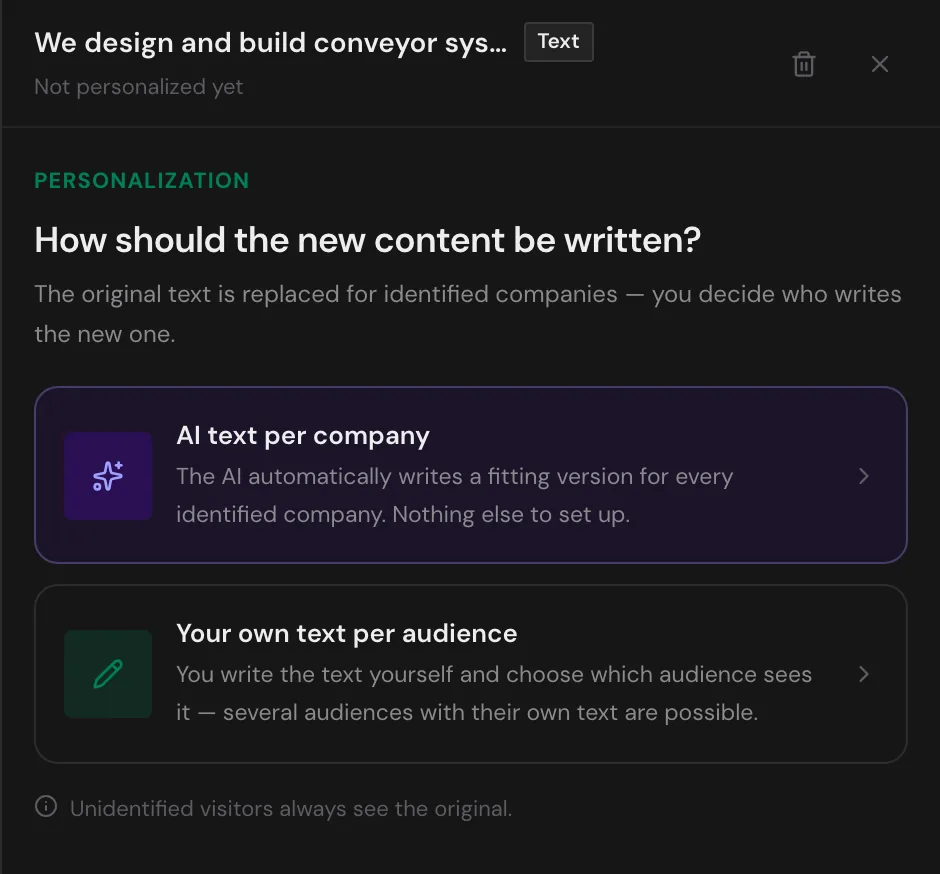 The side panel with the methods AI text per company and Your own text per audience