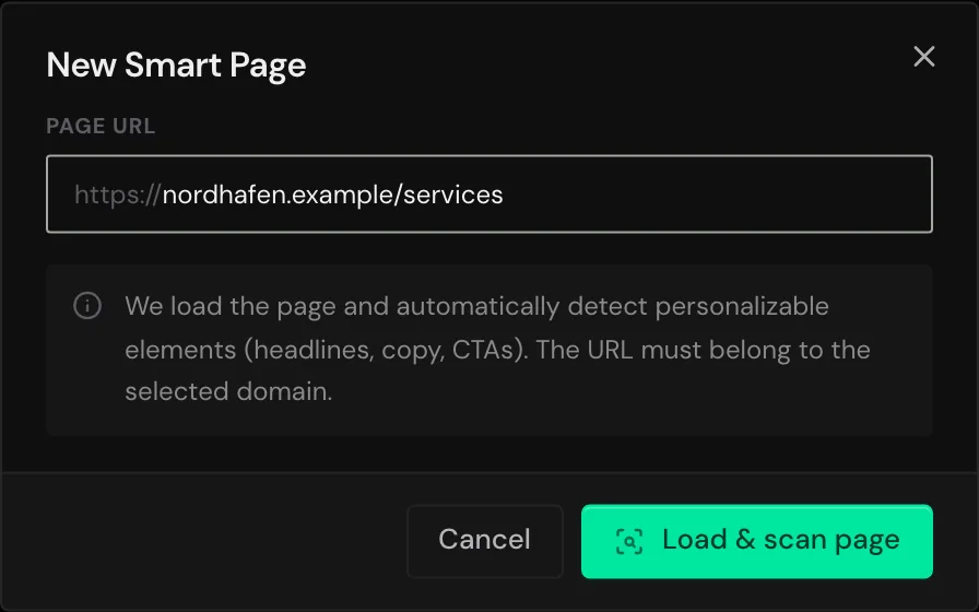 The New Smart Page dialog with the page URL filled in