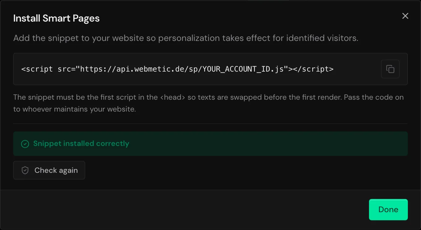 The Install Smart Pages dialog with the Smart Pages code and the message Snippet installed correctly